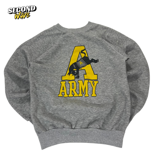 GREY & YELLOW VINTAGE 90s ARMY CREWNECK SWEATSHIRT (L)
