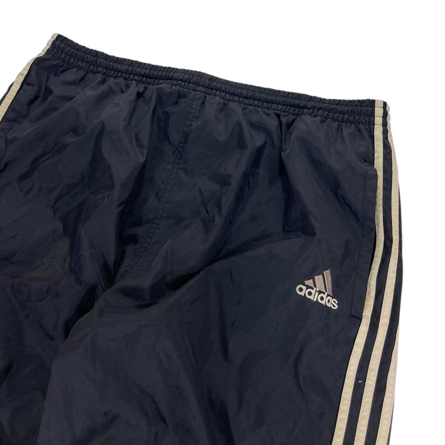 VINTAGE LIGHTWEIGHT ADIDAS BLACK TRACK PANTS WITH WHITE STRIPES (XL)