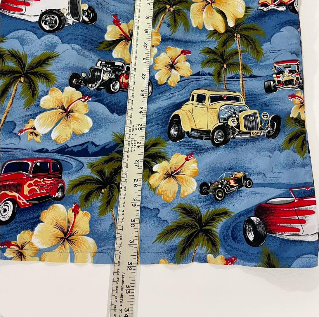 Y2K AOP BLUE HAWAIIAN WITH HOT ROD CARDS AND PALM TREES (2XL-3XL)