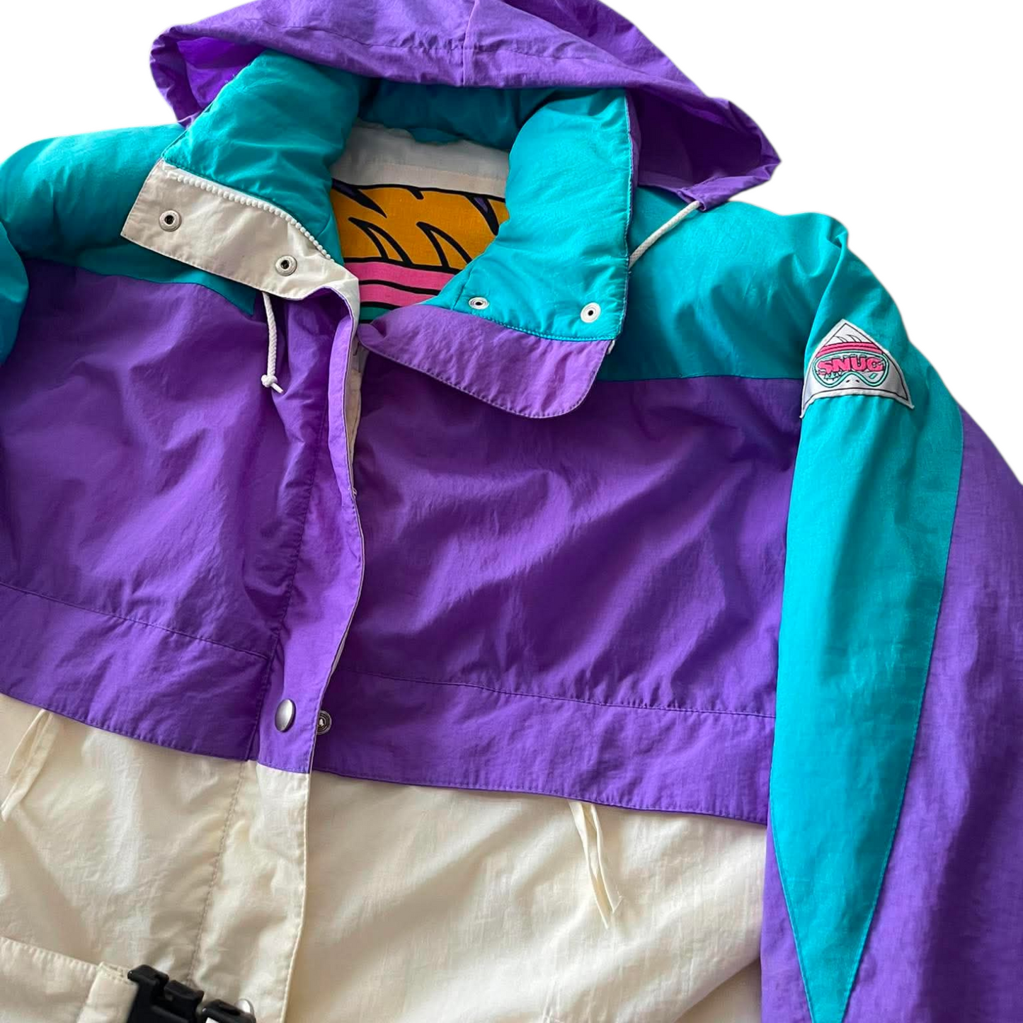 CREAM AND PURPLE VINTAGE REVERSIBLE SKI JACKET WITH HOOD (L)