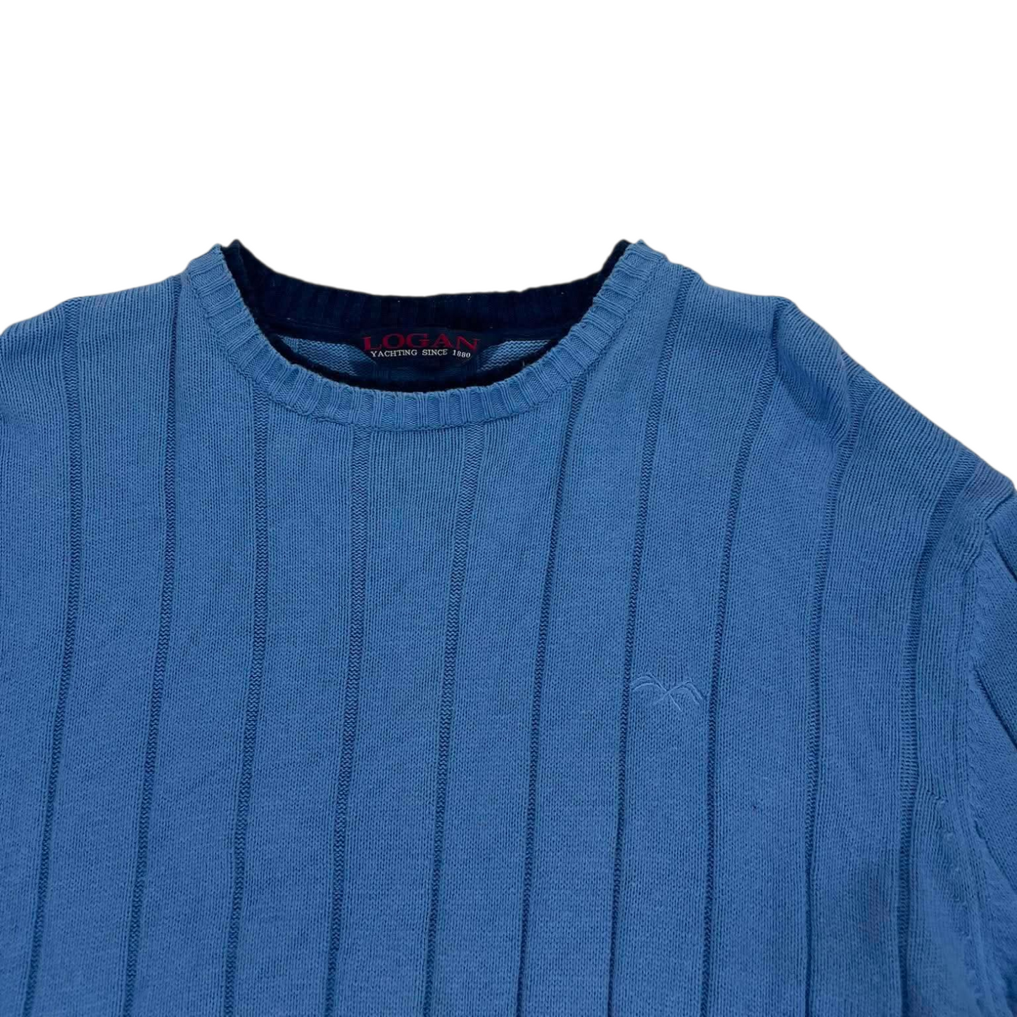 VINTAGE LOGAN BLUE RIBBED KNIT SWEATER (L)