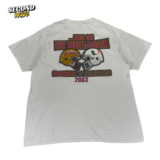 2002 MIAMI HURRICANES VS FLORIDA STATE SEMINOLES WHITE COTTON TEE (XL)