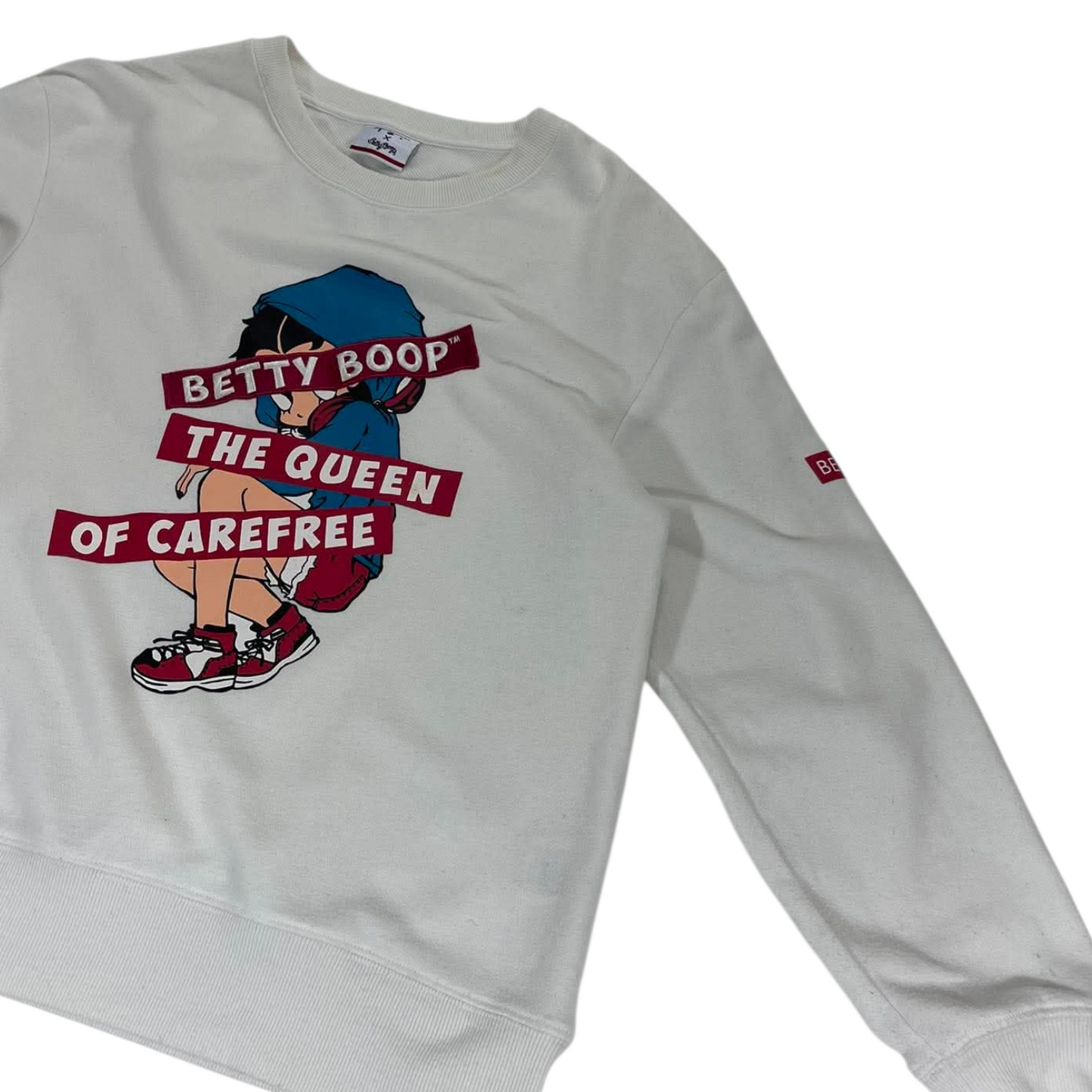 VINTAGE EMBROIDERED BETTY BOOP X T.O. THE QUEEN OF CAREFREE WHITE SWEATSHIRT (M)