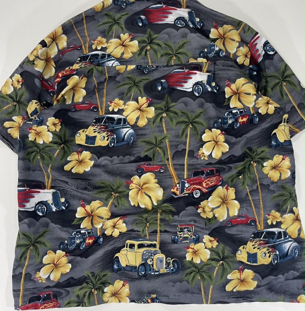 VINTAGE HAWAIIAN MULTICOLOURED SHIRT WITH HOT ROD CARS AND PALM TREES (XL-XXL)