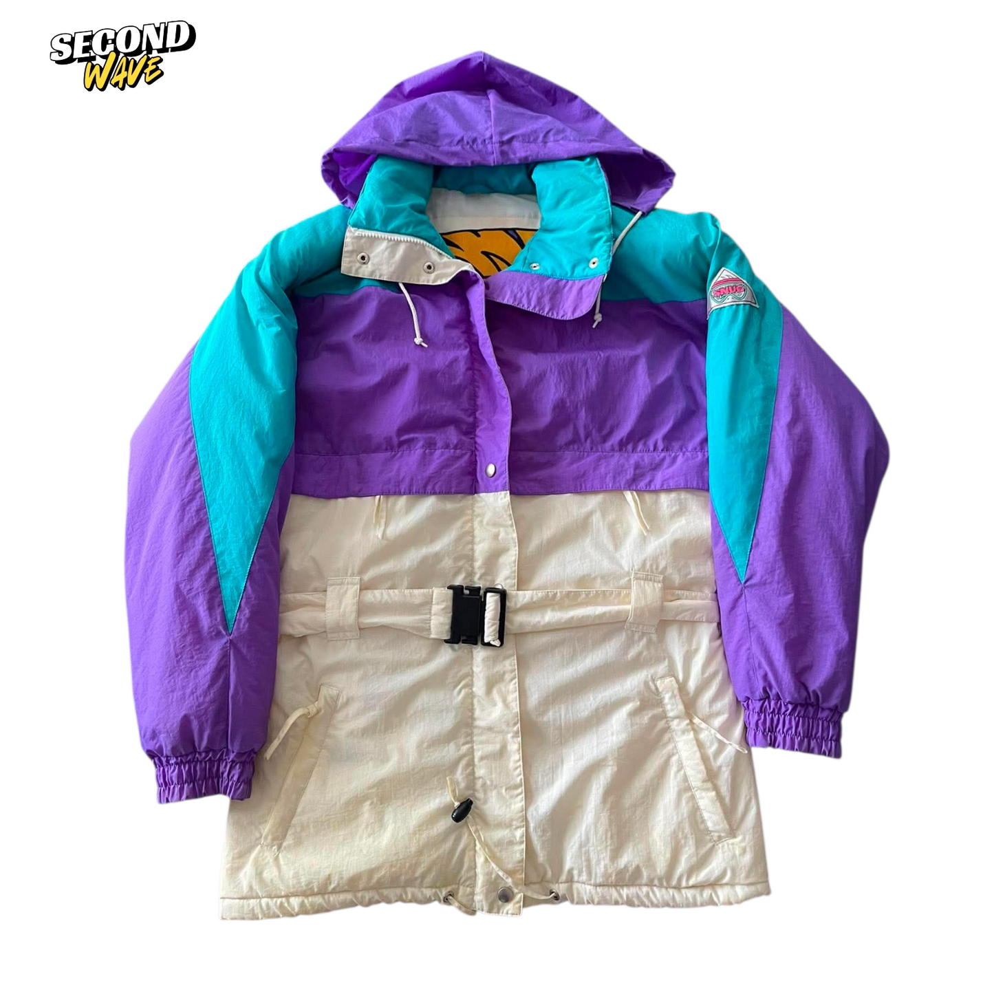 CREAM AND PURPLE VINTAGE REVERSIBLE SKI JACKET WITH HOOD (L)