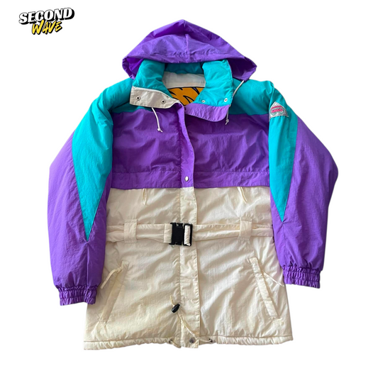 CREAM AND PURPLE VINTAGE REVERSIBLE SKI JACKET WITH HOOD (L)