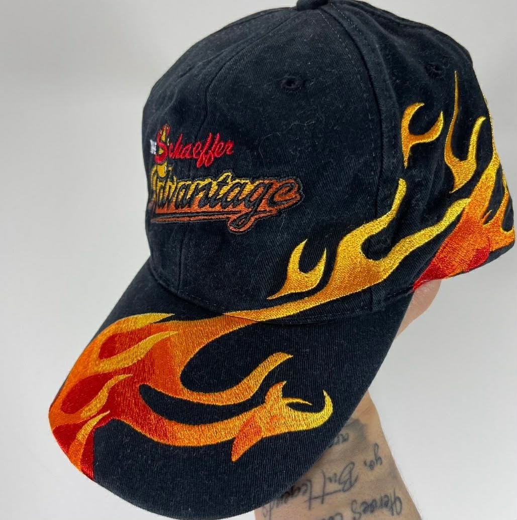 VINTAGE SCHAEFFER ADVANTAGE BLACK FLAME EMBROIDERED BASEBALL CAP