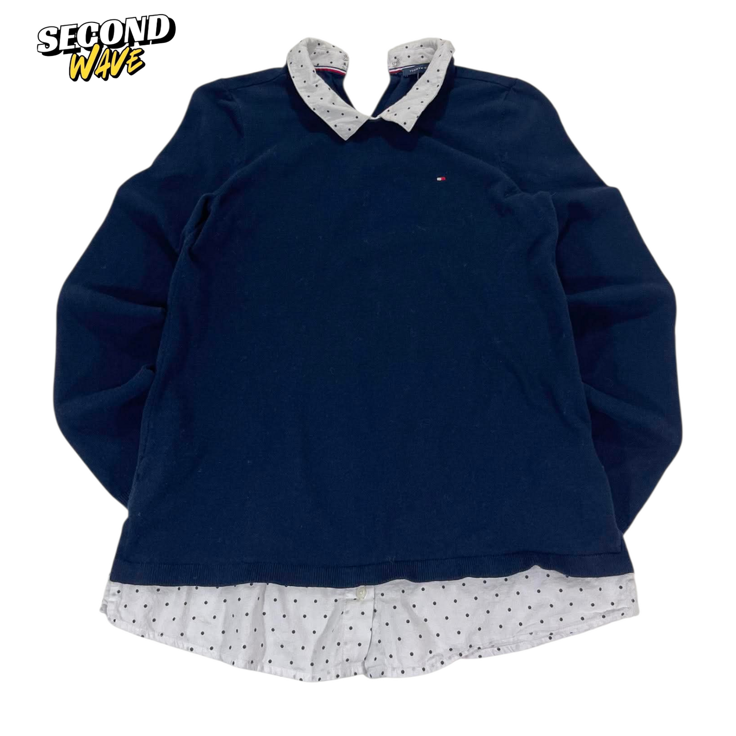 TOMMY HILFIGER NAVY BLUE POLO LONGSLEEVED WITH WHITE POLKA DOT COLLAR AND CUFFS (M)