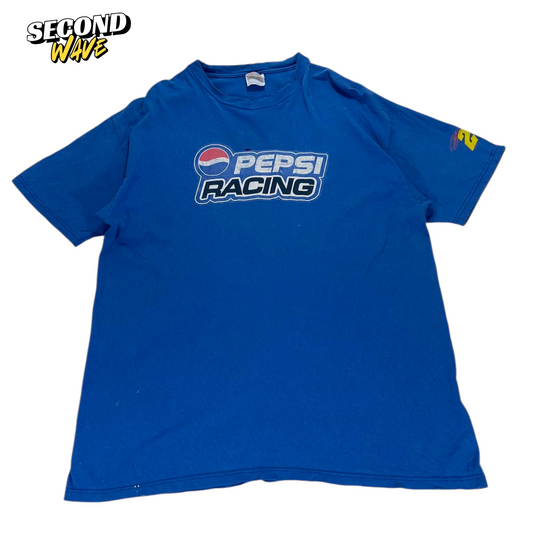 VINTAGE TRASHED PEPSI RACING BLUE COTTON T-SHIRT (L)