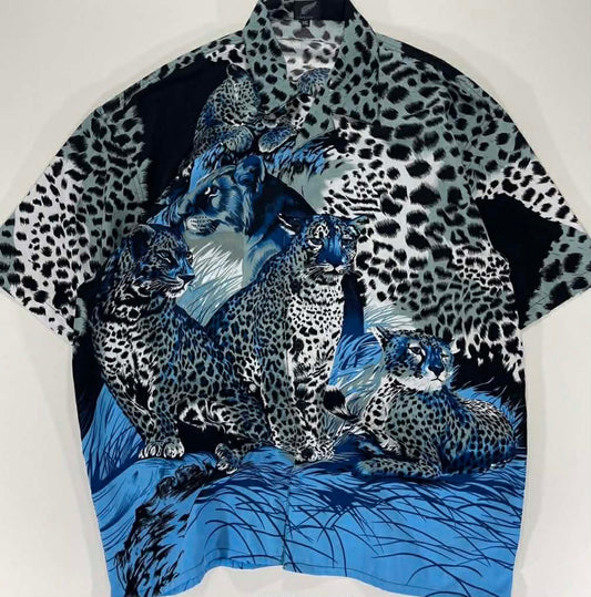 Y2K KIWILAND BLUE LEOPARD PRINT BUTTON UP SHIRT(XL-XXL)