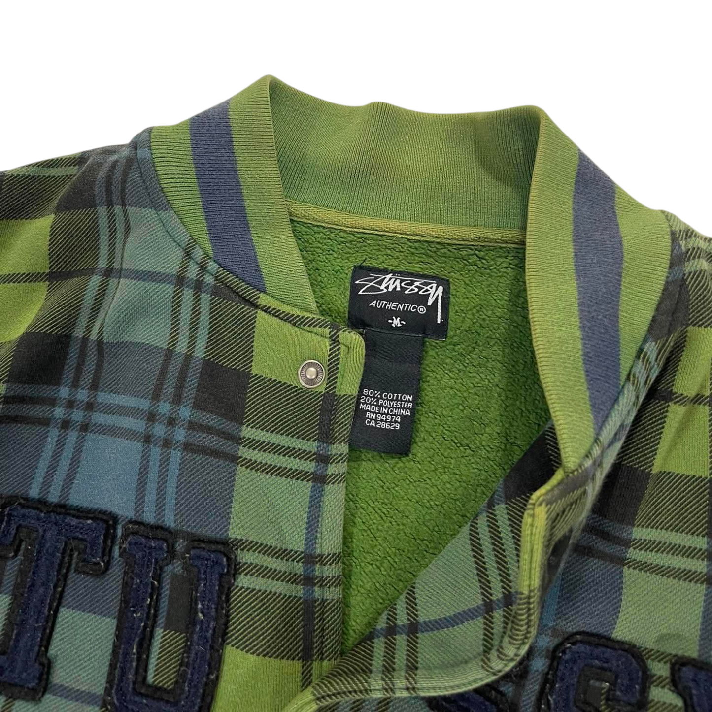 VINTAGE EMBROIDERED STUSSY GREEN PLAID VARSITY JACKET (M)