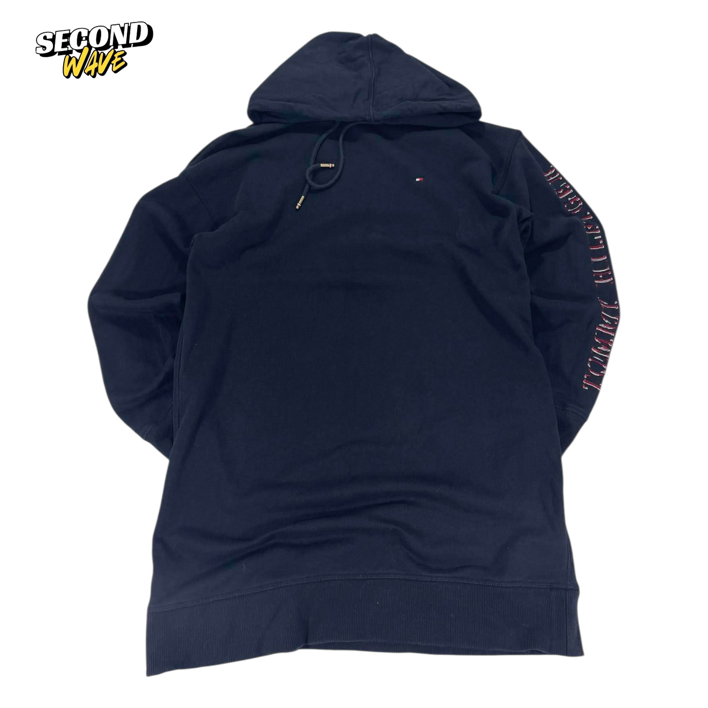 TOMMY HILFIGER NAVY BLUE HOODIE WITH EMBROIDERED LOGO ON SLEEVE (S)