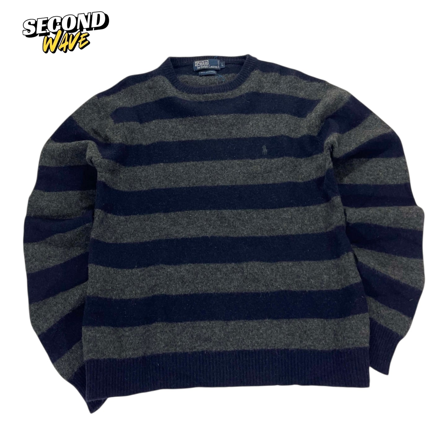 VINTAGE 100% LAMBSWOOL POLO RALPH LAUREN NAVY BLUE STRIPED SWEATER (L)