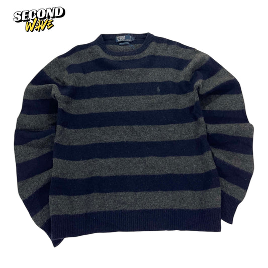 VINTAGE 100% LAMBSWOOL POLO RALPH LAUREN NAVY BLUE STRIPED SWEATER (L)