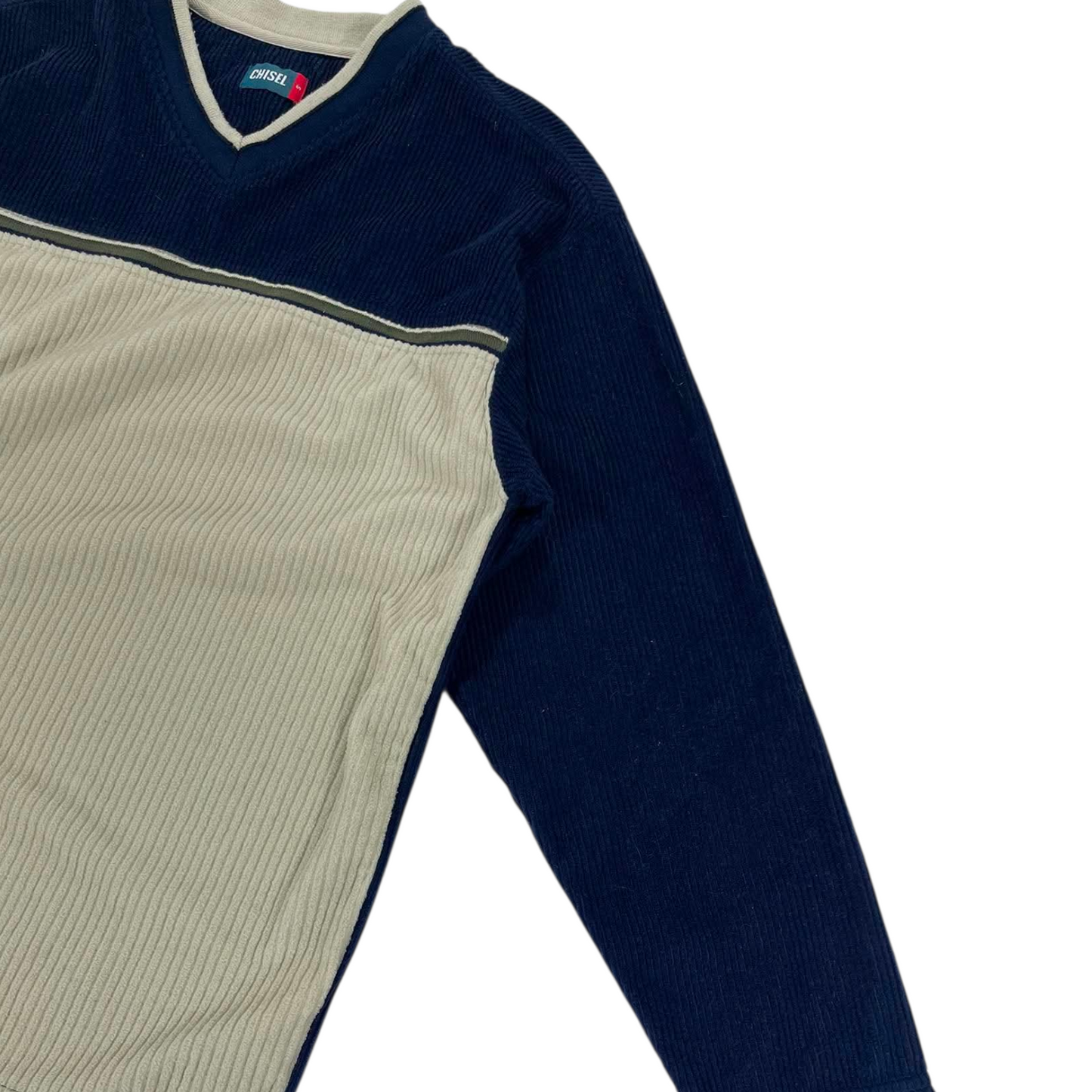 VINTAGE CHISEL BLUE & CREAM V-NECK SWEATER (M)