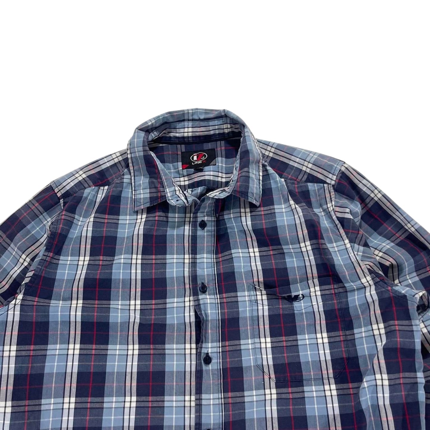 90S LINE 7 BLUE PLAID BUTTON UP SHIRT (L)