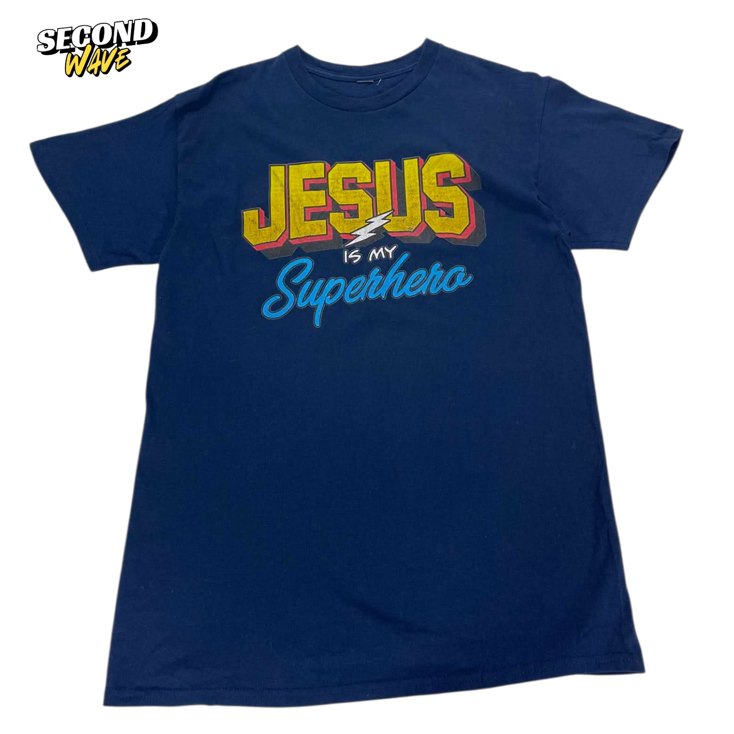 JESUS IS MY SUPERHERO NAVY BLUE T-SHIRT (M)
