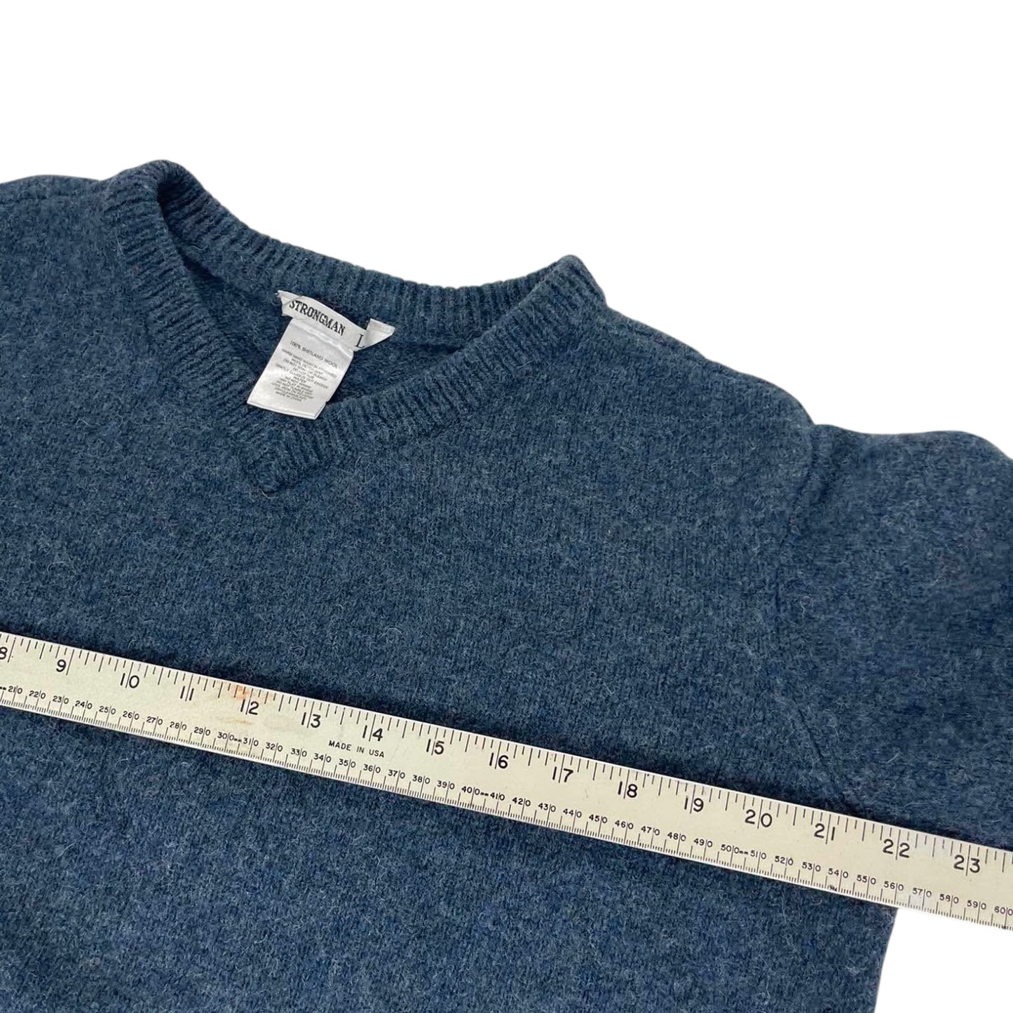 VINTAGE 100% SHETLAND STRONGMAN NAVY BLUE WOOL SWEATER (S)
