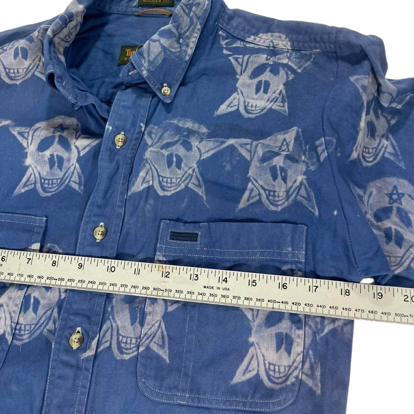 VINTAGE TIMBERLAND BLUE BUTTON UP SHIRT WITH SKULL DESIGN (M)