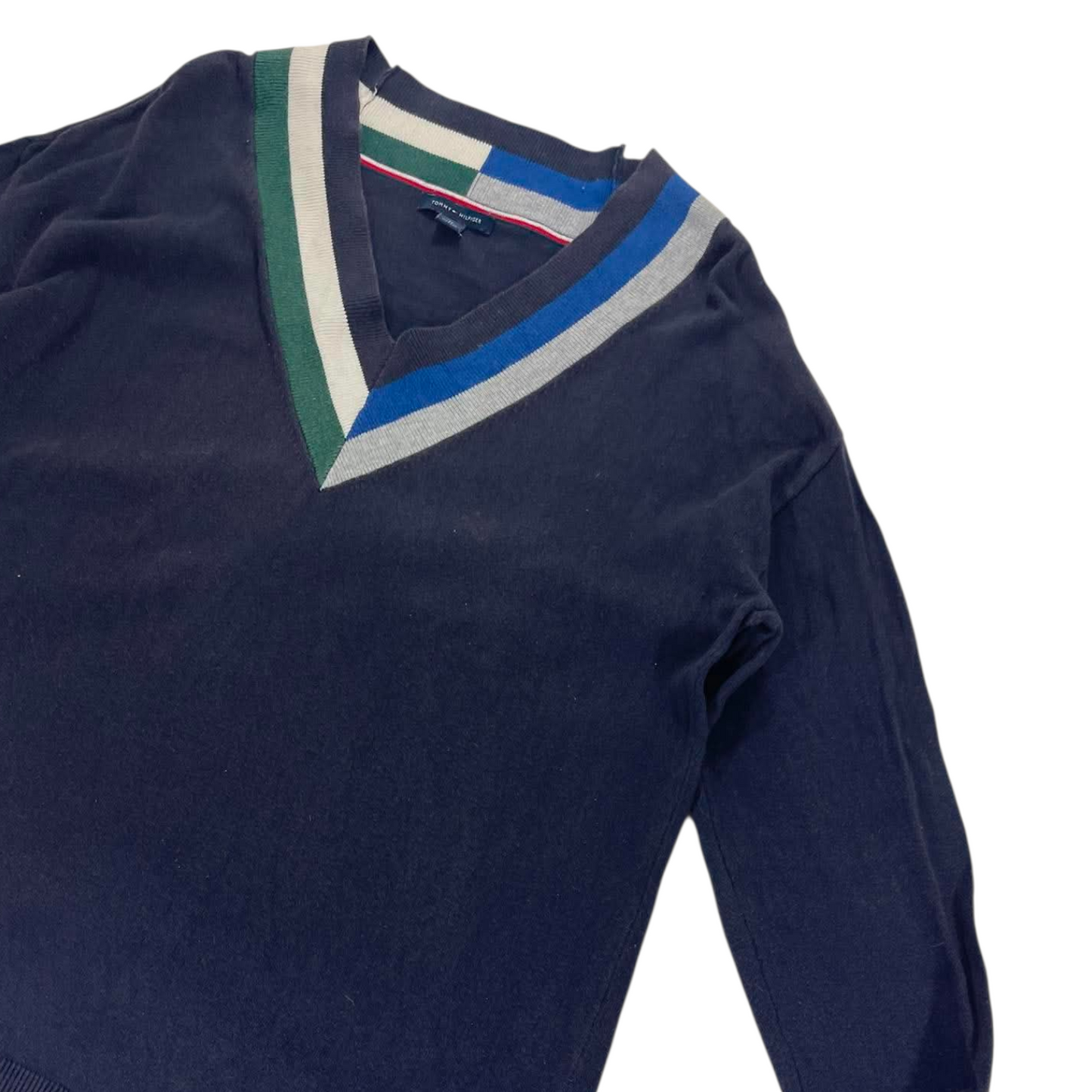 TOMMY HILFIGER NAVY BLUE STRIPED V-NECK SWEATER (M)