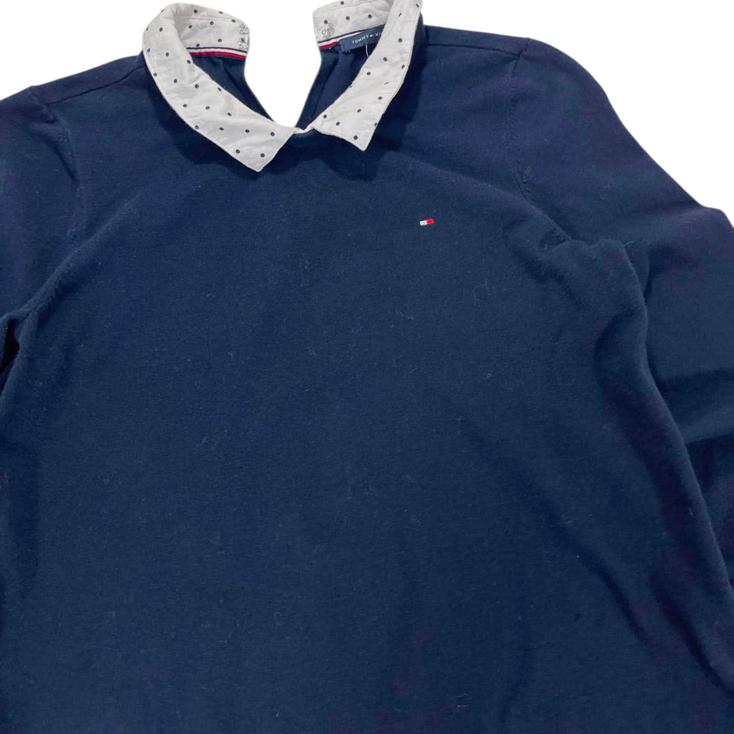 TOMMY HILFIGER NAVY BLUE POLO LONGSLEEVED WITH WHITE POLKA DOT COLLAR AND CUFFS (M)