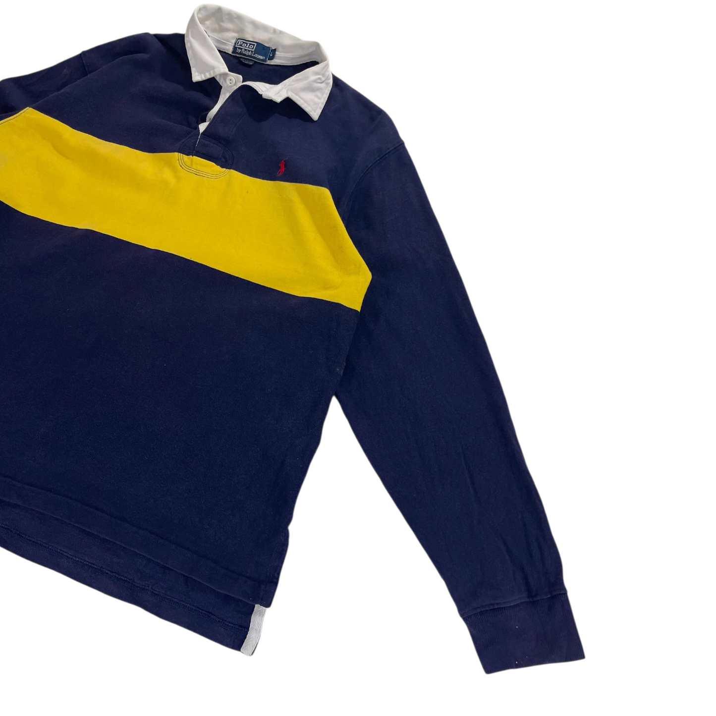 VINTAGE POLO RALPH LAUREN BLUE & YELLOW RUGBY SHIRT (L)