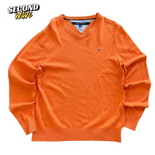 VINTAGE TOMMY HILFIGER ORANGE V-NECK SWEATER (M)