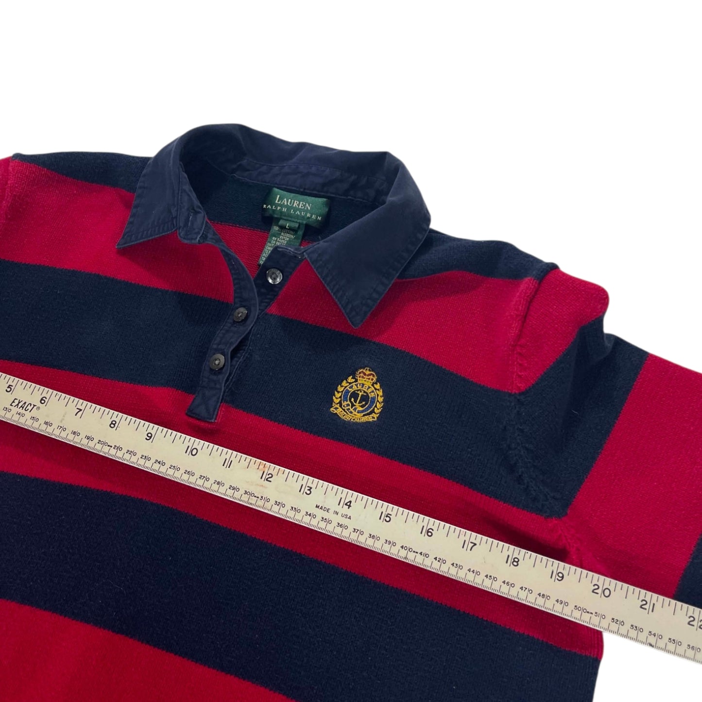 100% COTTON VINTAGE RALPH LAUREN RED AND NAVY SRRIPED RUGBY SHIRT (M)