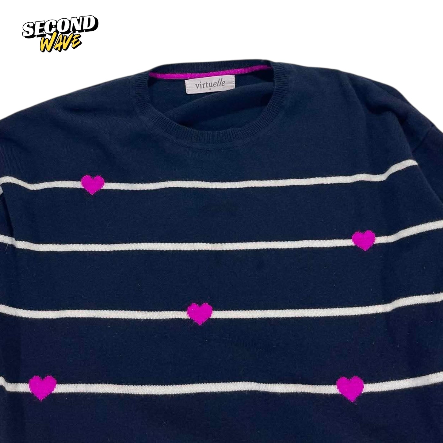 NAVY BLUE STRIPED HEART SWEATER (M)