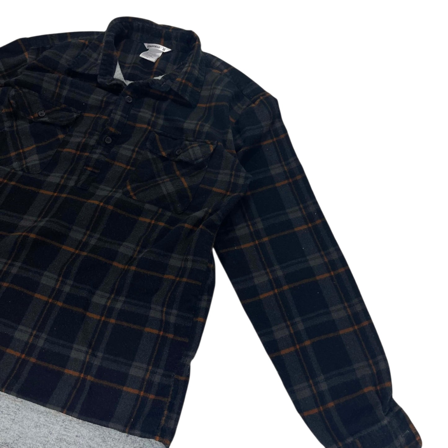 100% COTTON STRONGMAN BLACK PLAID BUTTON UP (M-L)