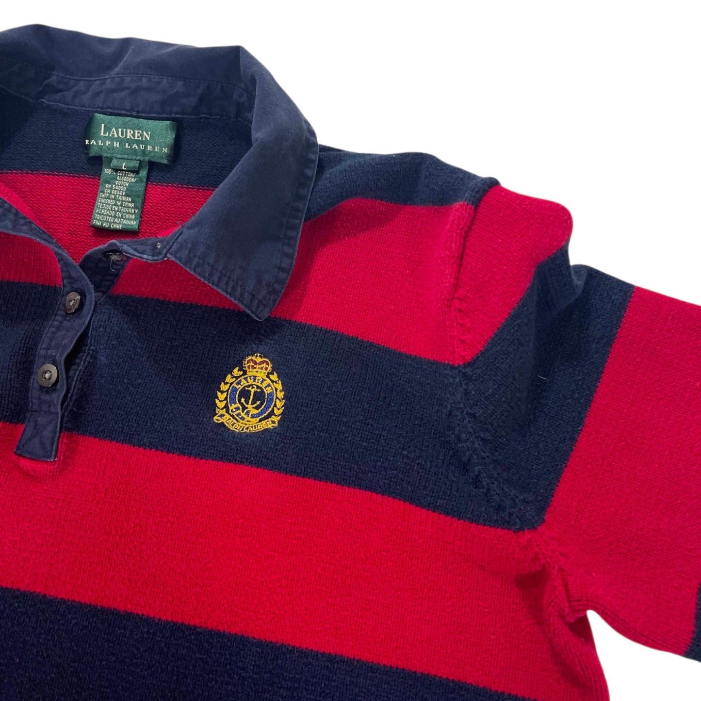 100% COTTON VINTAGE RALPH LAUREN RED AND NAVY SRRIPED RUGBY SHIRT (M)