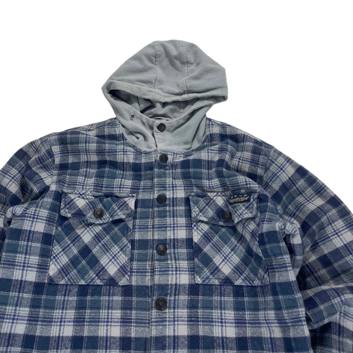 VINTAGE HUNTING & FISHING BLUE & WHITE PLAID FLANNEL JACKET (M)