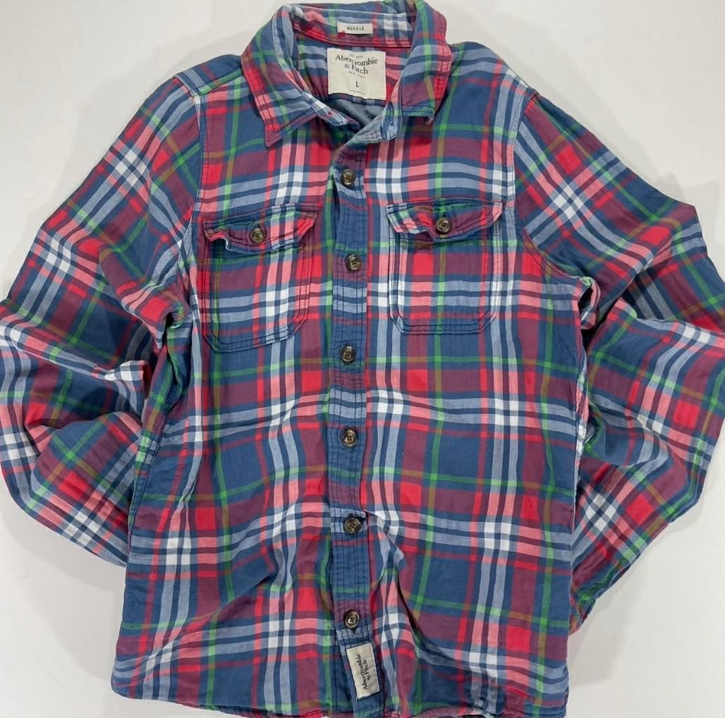 Y2K ABERCROMBIE & FITCH RED+BLUE PLAID BUTTON UP SHIRT (M)