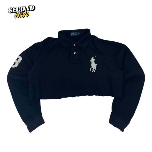 VINTAGE RALPH LAUREN BLACK CROPPED LONG SLEEVE POLO SHIRT (M)