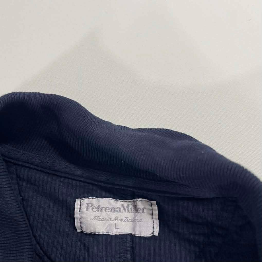 HEAVY MATERIAL PETRONA MILLER NAVY BLUE QUARTER ZIP JUMPER MADE IN NZ (L)