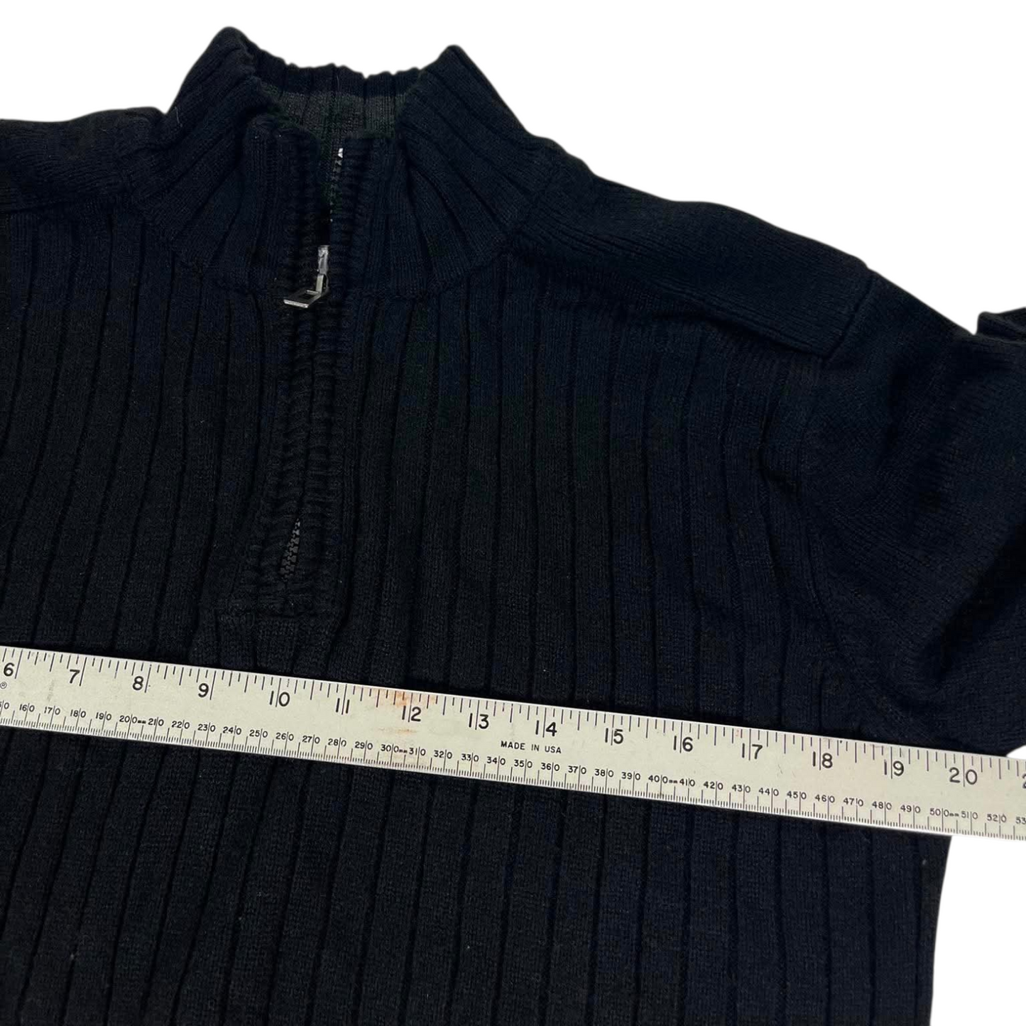 PILGRIM BLACK QUARTER ZIP SWEATER WITH RIBBED COLLAR AND CUFFS (S-M)
