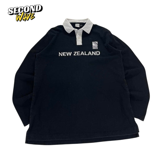 2011 NEW ZEALAND RUGBY WORLD CUP BLACK LONG SLEEVE POLO SHIRT (L)