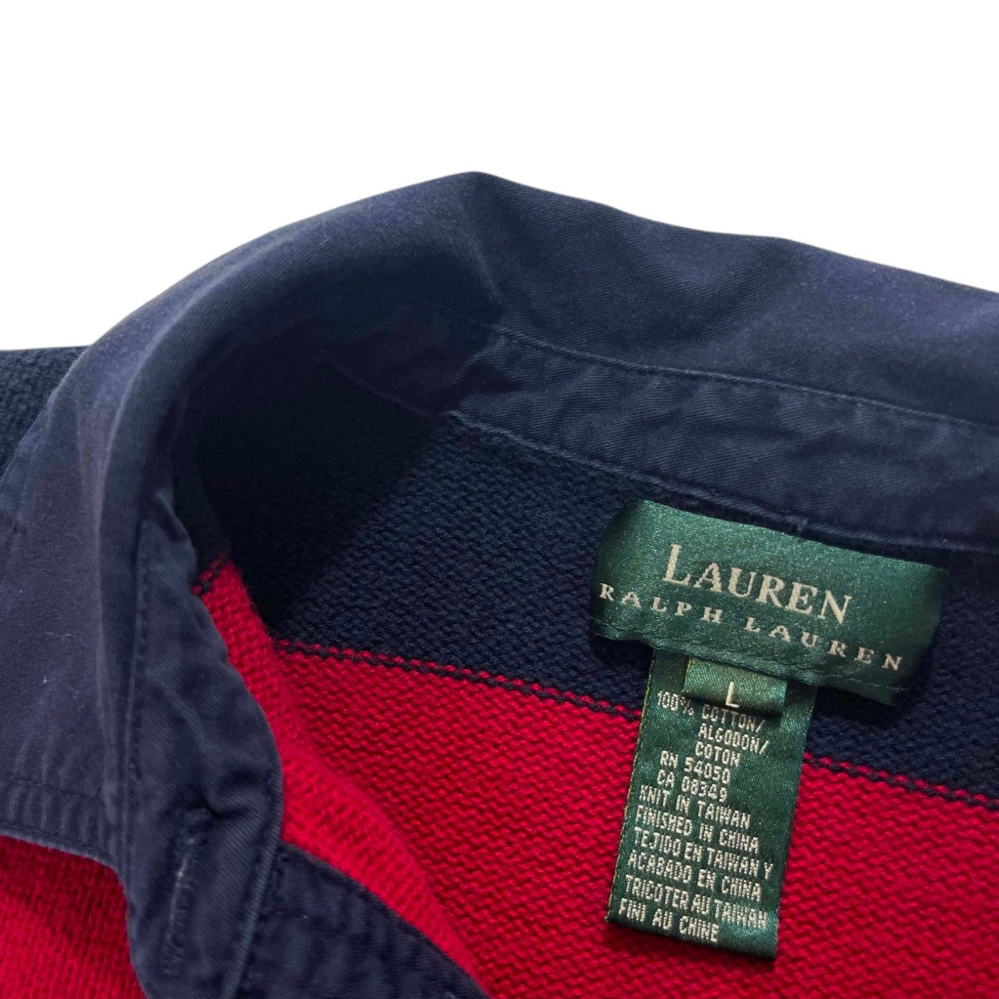 100% COTTON VINTAGE RALPH LAUREN RED AND NAVY SRRIPED RUGBY SHIRT (M)