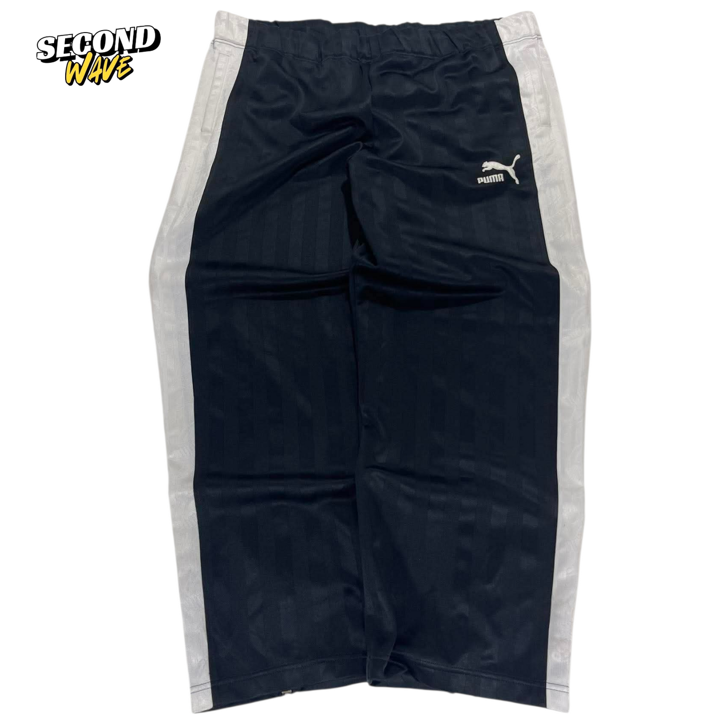 VINTAGE BAGGY PUMA BLACK TRACK PANTS WITH WHITE STRIPES (L-XL)