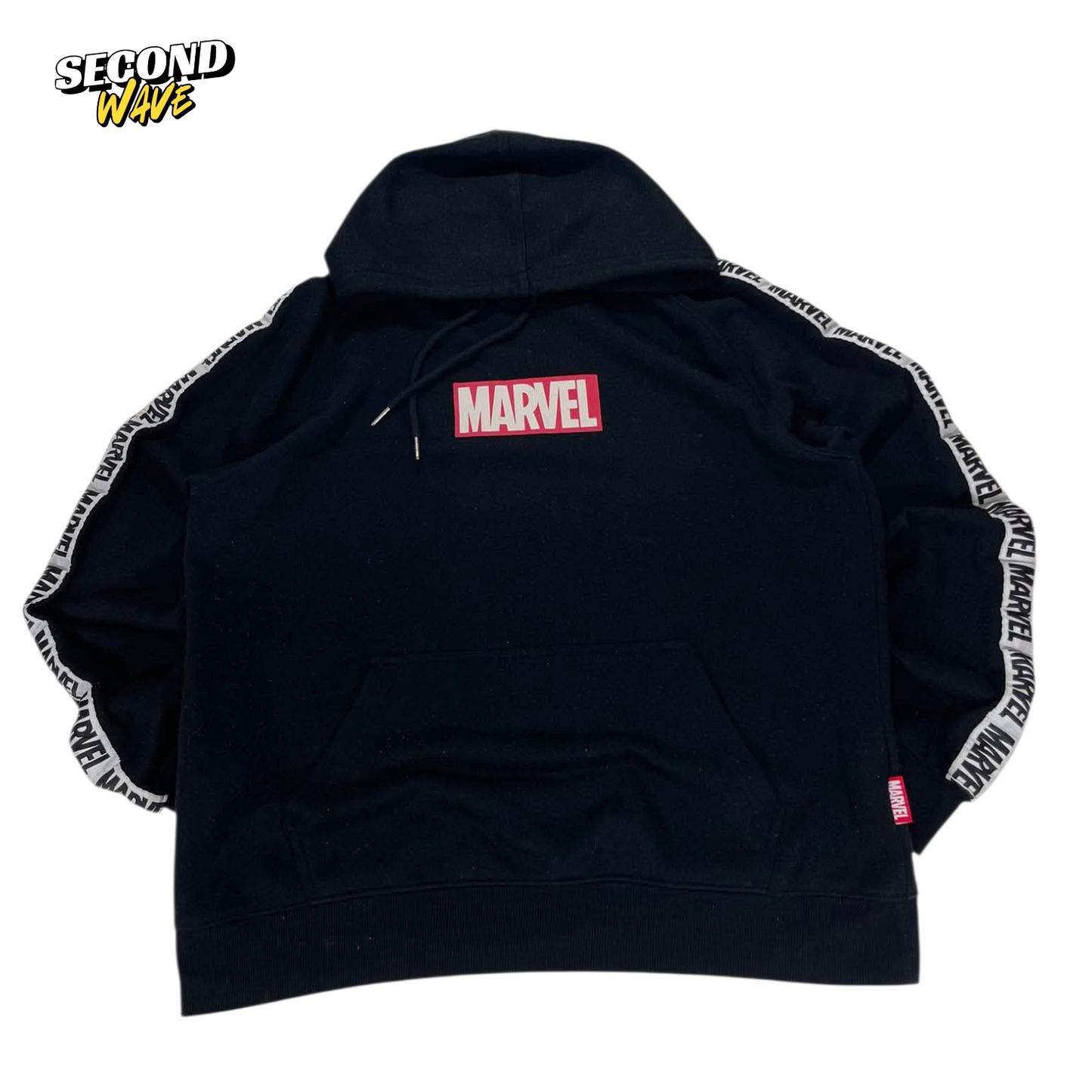 VINTAGE MARVEL BLACK HOODIE WITH RED LOGO AND WHITE TEXT ON SLEEVES (L)