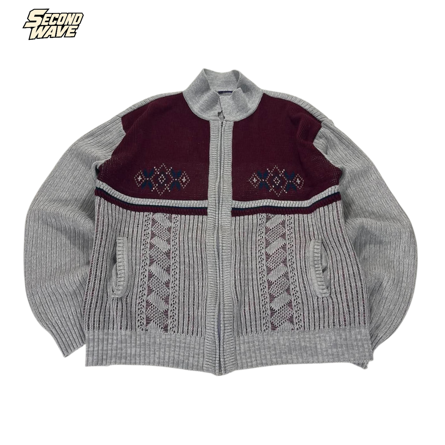90S GRAY KNIT ZIP UP SWEATER (XL)