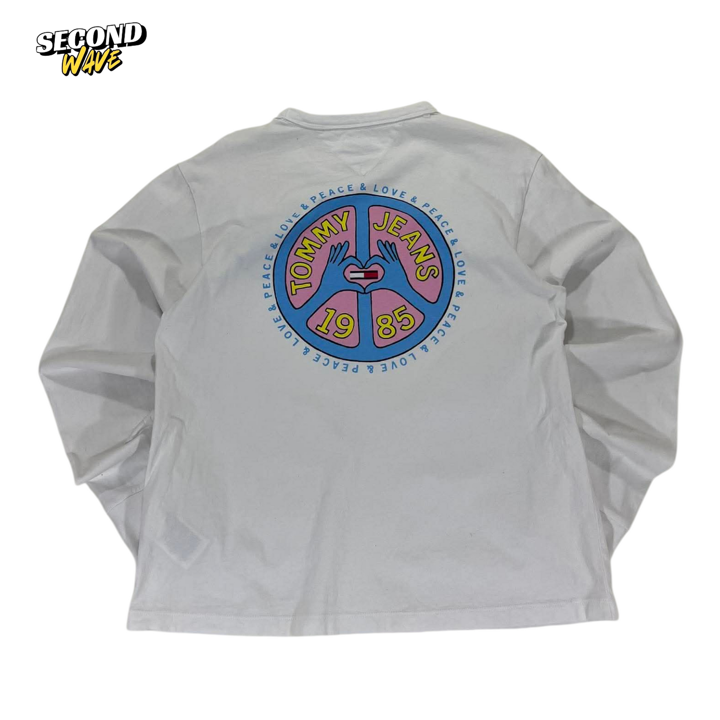 TOMMY HILFIGER WHITE LONG SLEEVE SHIRT WITH BLUE PEACE SIGN DESIGN (L-Womens)